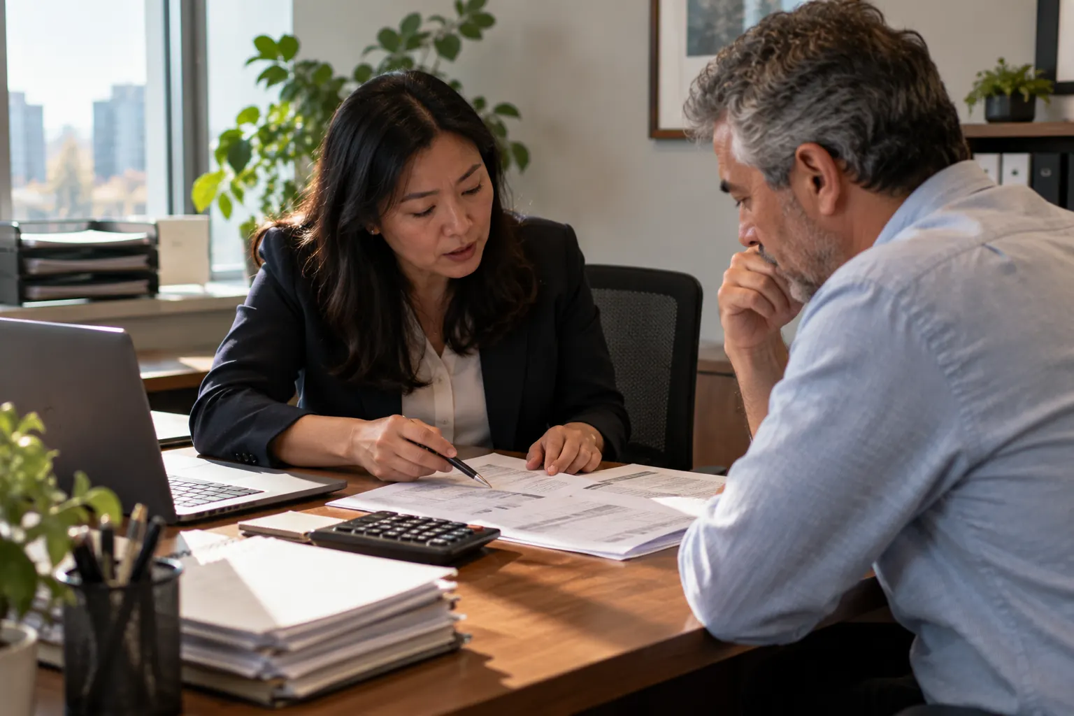Accountant reviewing tax forms with a client at an office desk