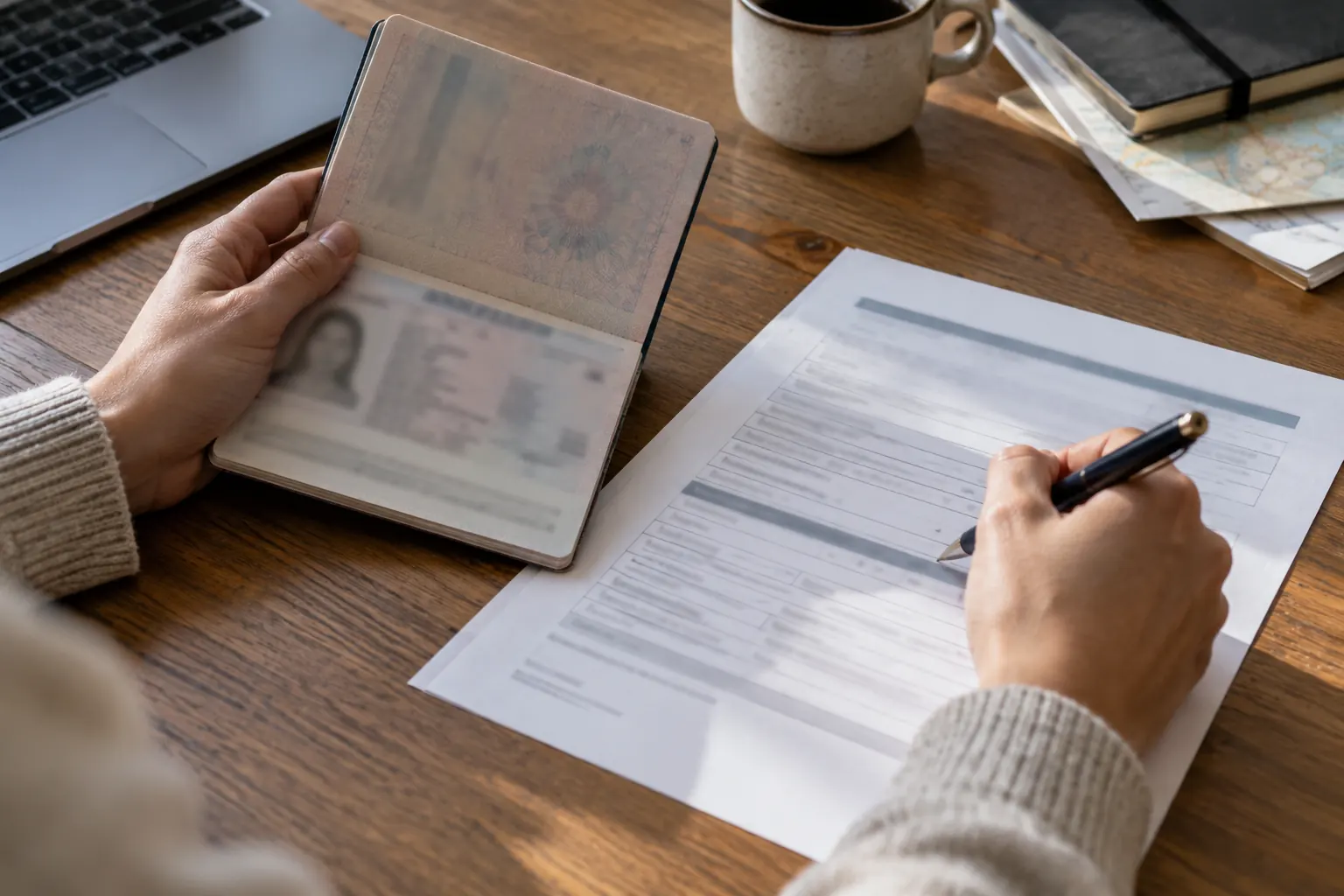Hands comparing a passport with a printed application form