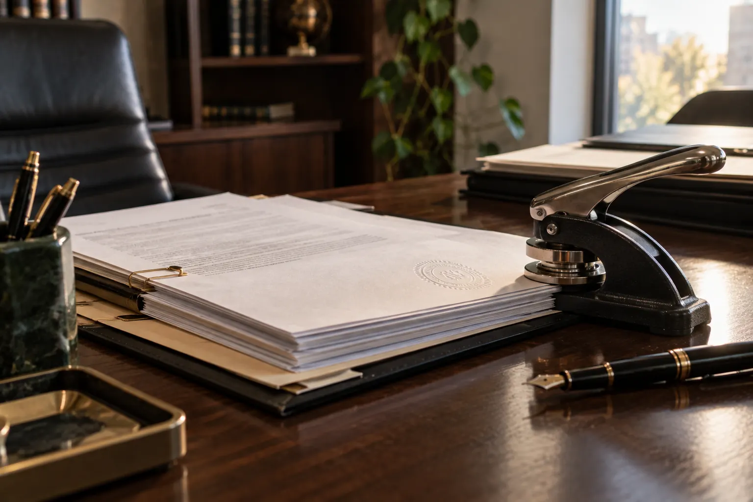 Corporate documents with a company seal embosser on a wooden desk