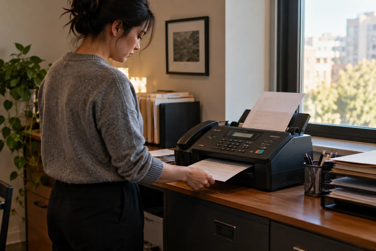 Fax machine sending a document in a small office