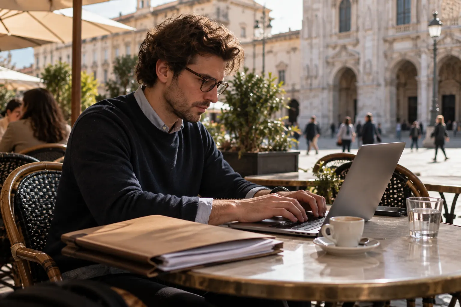 Foreign founder working on a laptop at a European cafe with a formation folder