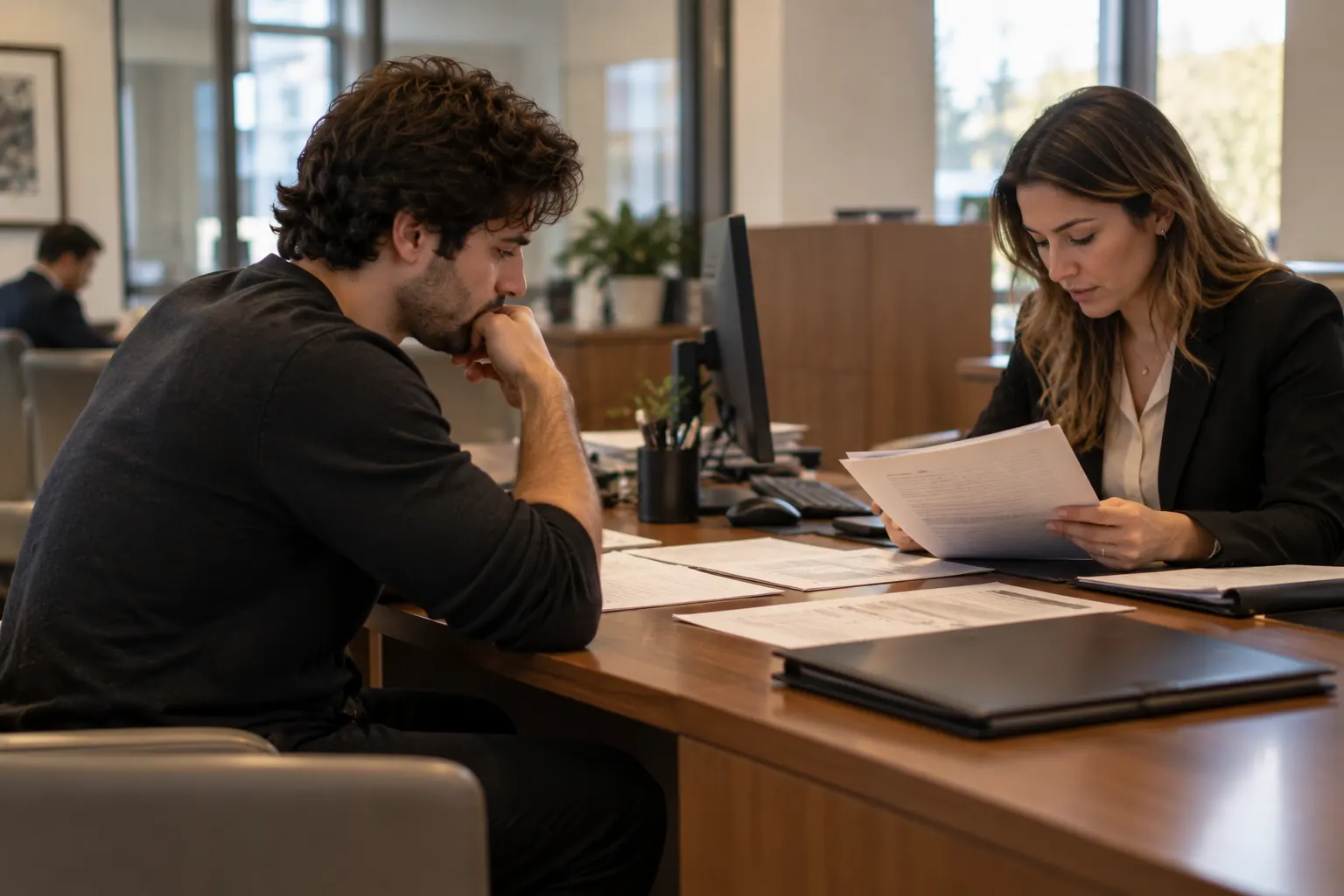 Founder at a bank branch desk while a banker reviews the file