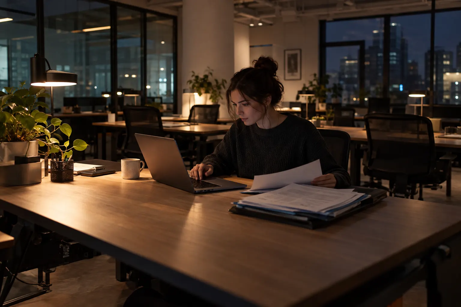 Founder filling out forms on a laptop in an empty coworking space at night