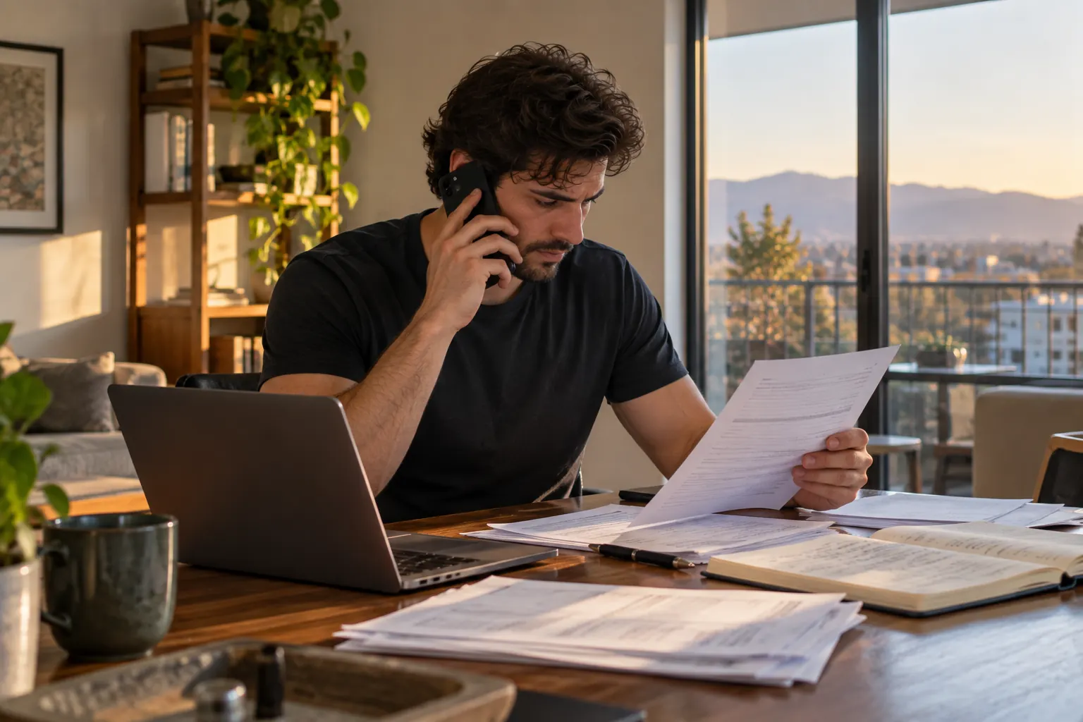 Founder on a phone call holding a printed form at a desk