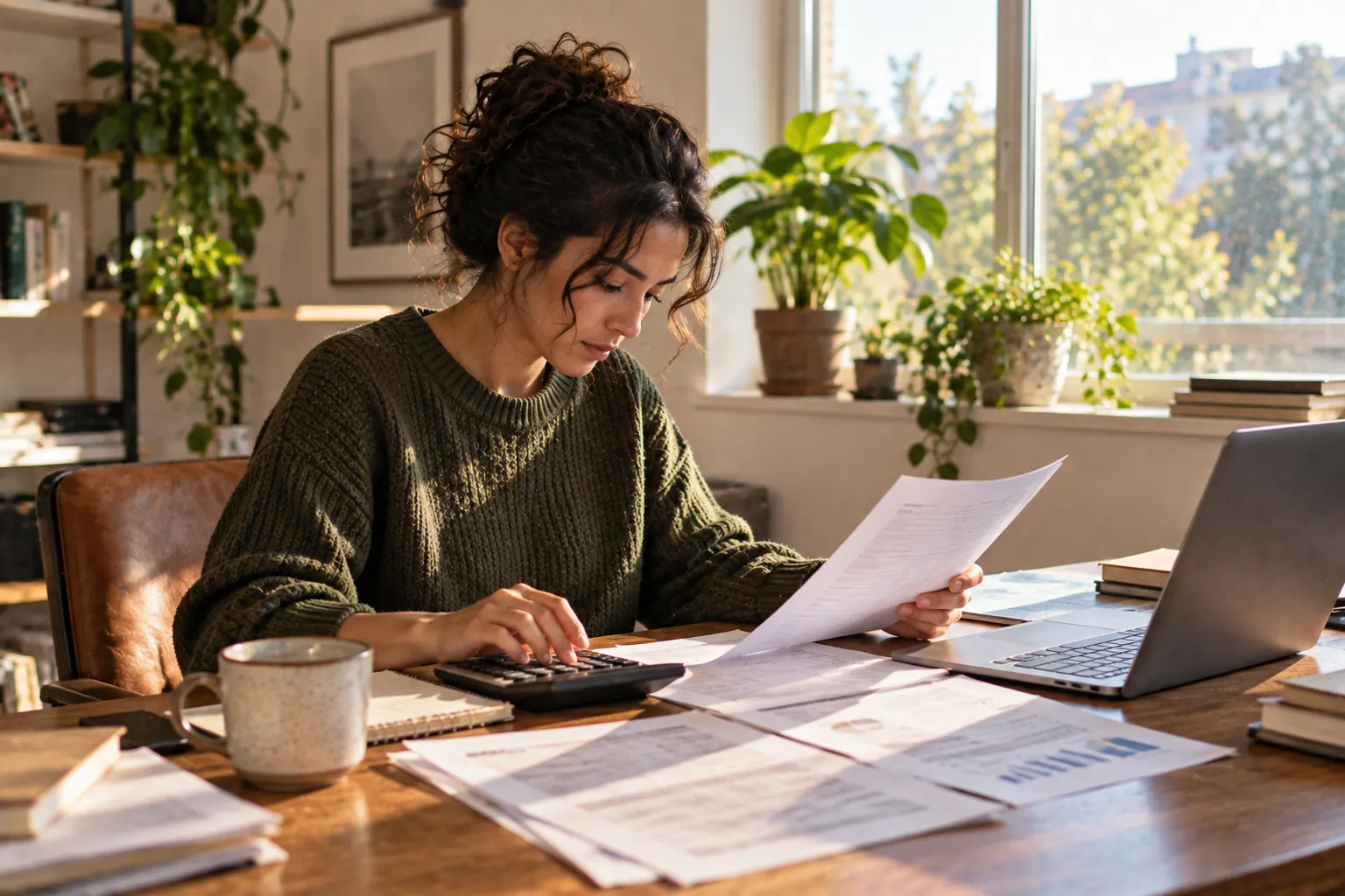 Founder reviewing savings plans with a calculator in a sunny home office