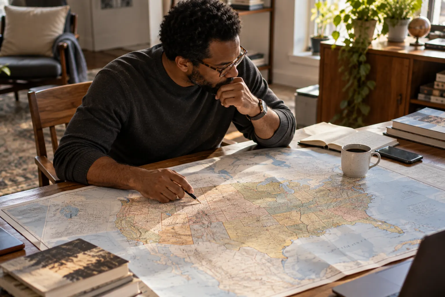 Founder looking over a paper map of the United States on a table