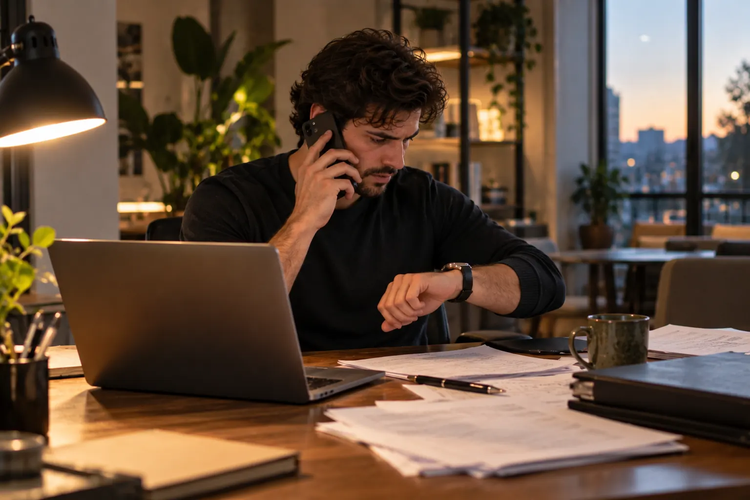 Man on hold on the phone glancing at his watch at a desk