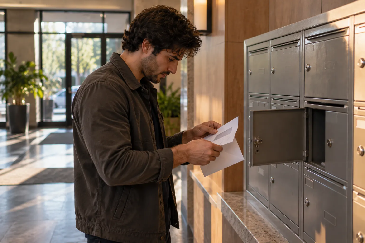 Person opening a letter beside the mailboxes in an apartment lobby