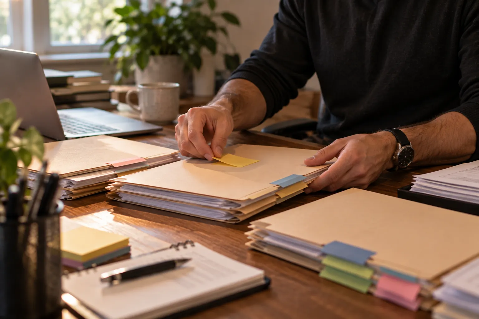Hand placing a sticky note on organized document folders