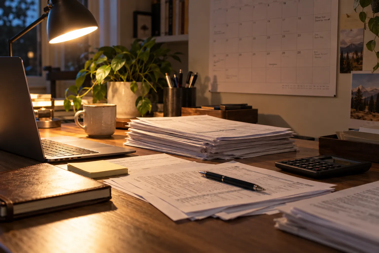 Stack of tax forms and a pen on a desk with a wall calendar behind