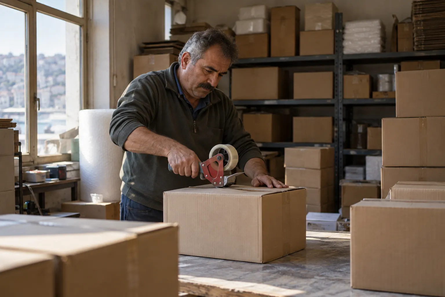 Türkiye'de küçük bir atölyede ihracat kolilerini bantlayan kişi