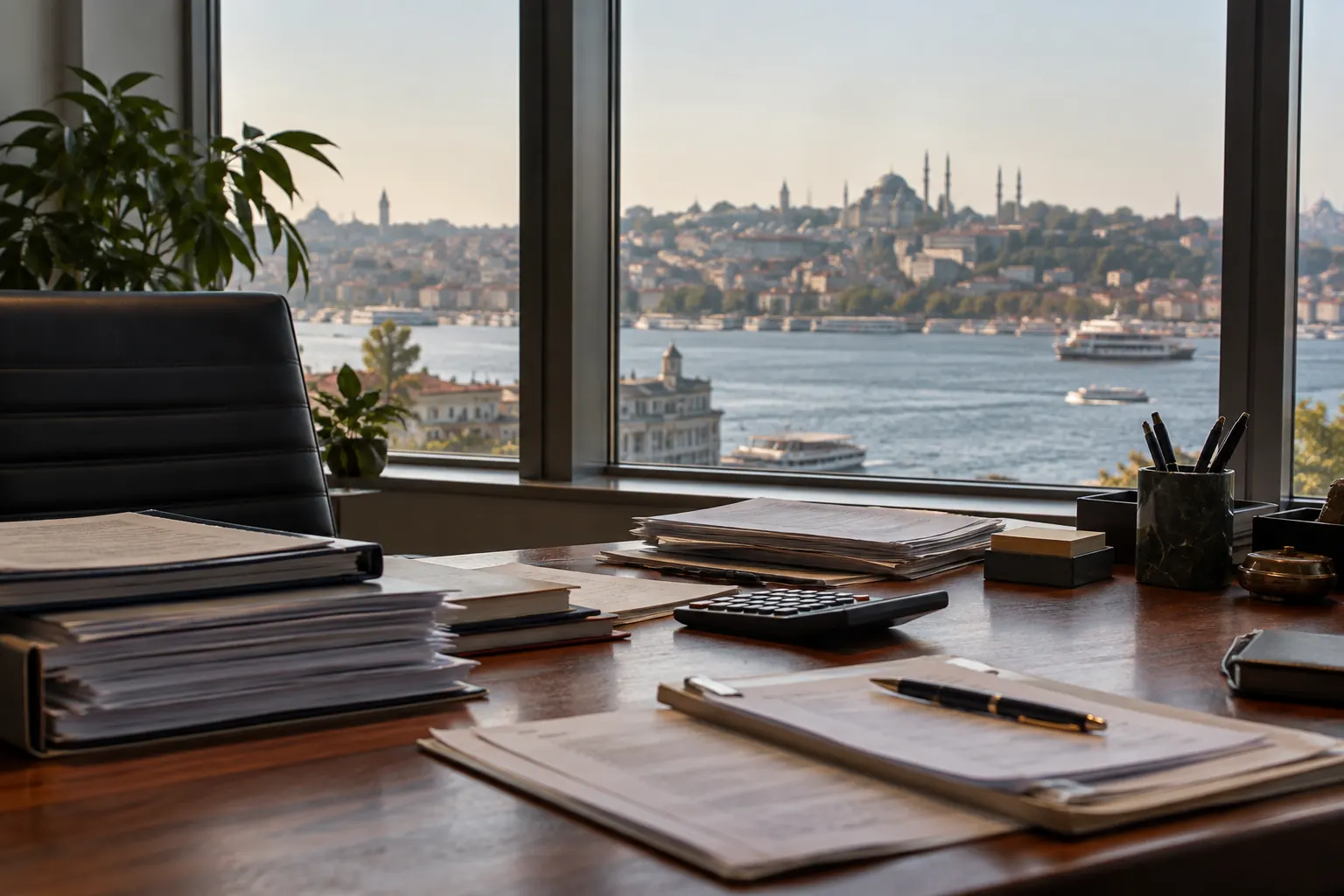 Penceresinden Boğaz görünen bir muhasebeci masası, belgeler ve hesap makinesi